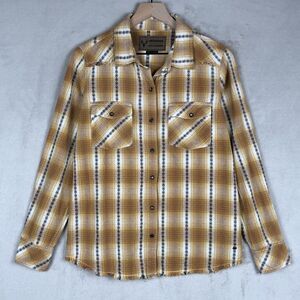 LEGENDARY x STOCKYARDS Western Snap Shirt Women's‎ M Gold Cotton Plaid Frayed